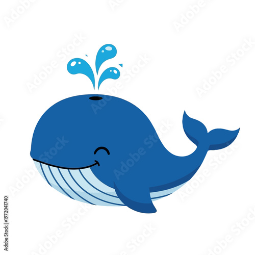 Cute and Cheerful Blue Whale Spouting Water, an Adorable Marine Animal Cartoon Character with a Friendly Smile