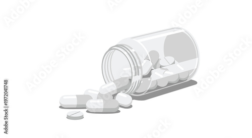 A transparent plastic bottle lies on its side with white and grey capsules and tablets spilling out.