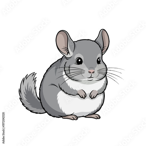 Adorable chinchilla character illustration, showcasing its soft grey fur, big ears, and fluffy tail with charming detail, embodying a sweet and friendly animal companion design