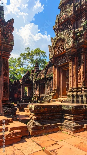 Ancient temple ruins with intricate carvings and red sandstone architecture