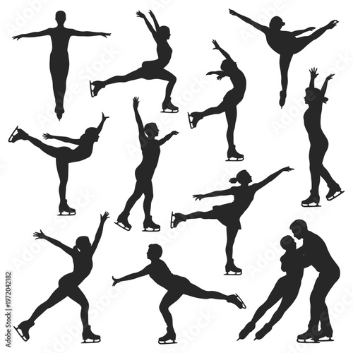 Silhouettes of figure skaters in dynamic poses showcasing athleticism