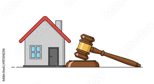 A wooden gavel rests on its sound block beside a gray house with a red roof and blue windows on a white background.