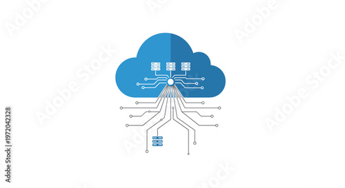 A stylized blue cloud icon with multiple server racks and circuit board elements connected by lines is displayed on a white background.