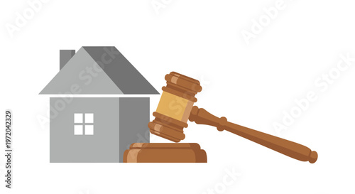 A wooden gavel rests on its sound block beside a simplified solid gray house icon with a darker roof on a white background.
