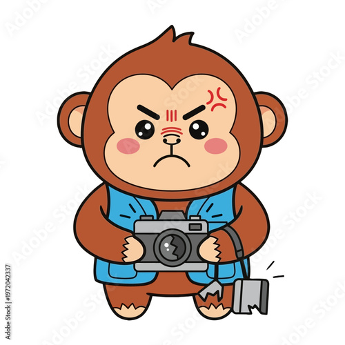 Expressive cartoon monkey character, a cute photographer mascot, showing intense anger and frustration over a broken camera strap, an adorable vector illustration