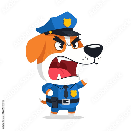 A charmingly angry cartoon dog character, dressed as a police officer, barking loudly with an open mouth and furrowed brows, creating a humorous illustration of stern authority
