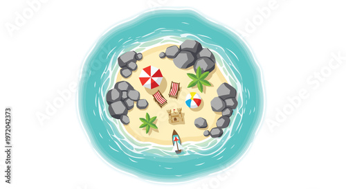 An aerial pixelated illustration shows a small circular tropical island with beach items and rocks surrounded by vibrant turquoise water.