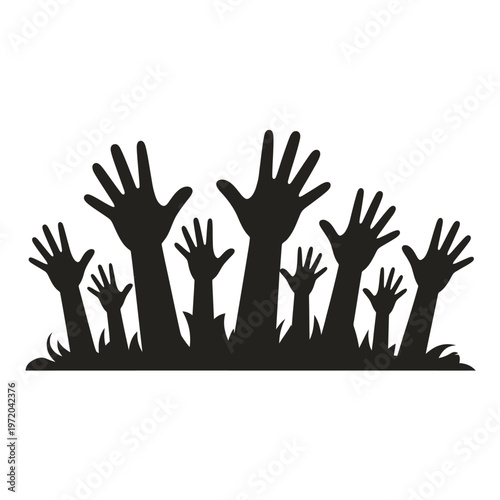Numerous black silhouettes of hands reaching upwards from the ground