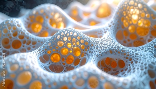 Close-up view of a microscopic cellular structure with vibrant colors.