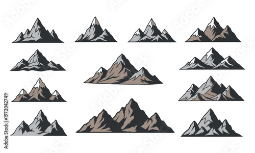 Set of various mountain peak silhouettes for outdoor and adventure design