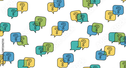 A repeating pattern of overlapping, colorful speech bubbles, each containing a black question mark, fills the entire frame.
