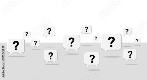 Multiple grey speech bubbles, each containing a prominent black question mark, appear to float above a light grey ground plane.