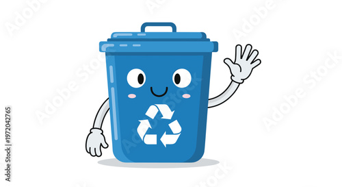 A friendly blue recycling bin character with a closed lid and a white recycle symbol waves a gloved hand on a clean white background.