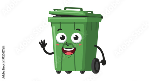 A smiling green recycling bin character with an open lid and black wheels waves a gloved hand on a pristine white background.
