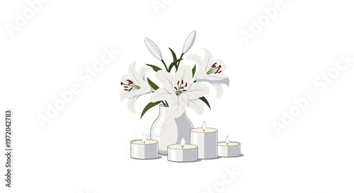 A white vase filled with five white lilies and green stems is surrounded by four lit tea light candles on a clean white background.