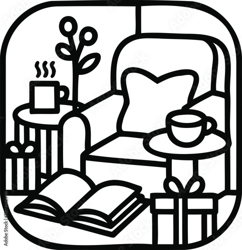 Cozy reading nook with armchair, books, and hot drink, living room