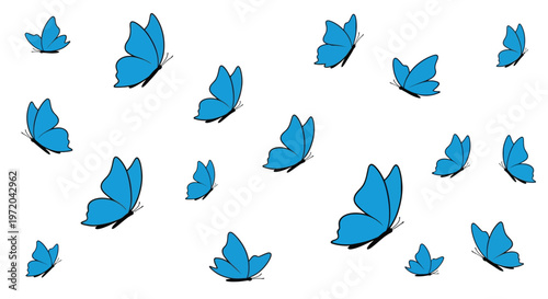 A collection of bright blue butterflies scattered across a white background
