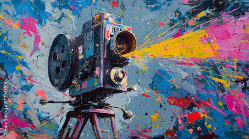 Vintage Movie Projector with Expressive Colors in an Abstract Expressionism Style Painting