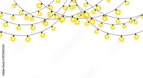 Festive yellow string lights hang against a clean white background