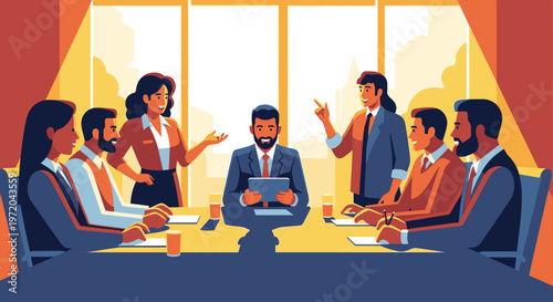 Diverse business team in a meeting, discussing strategy around a conference table with a leader presiding