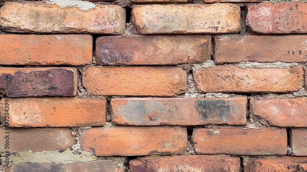 Obraz premium clay. Close-up of weathered red bricks, revealing natural textures and a warm vintage aesthetic. real-estate listings.