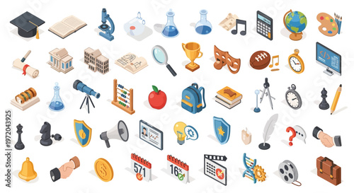 Isometric collection of diverse educational icons representing learning and knowledge