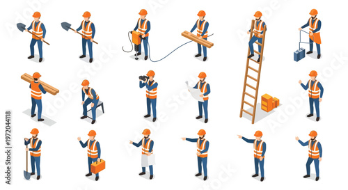 Isometric construction workers performing various tasks on a white background
