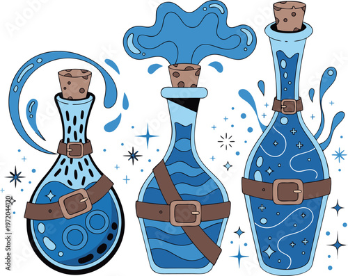 ベルトで装飾された青い魔法薬瓶のイラストセット。弾ける液体と星のエフェクトが付いたファンタジーポーション。