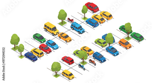 Isometric illustration of a parking lot filled with various colorful vehicles