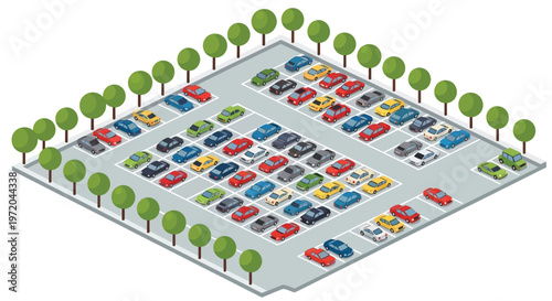 Isometric illustration of a busy parking lot filled with colorful cars