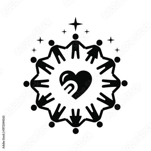 Community group of people holding hands around a central heart vector