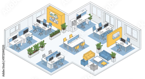 Isometric illustration of a modern open plan office space with desks and seating