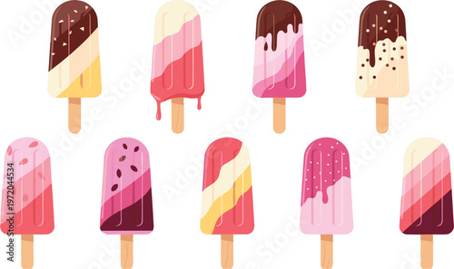Set of 10 Colorful Ice Cream Popsicles with Different Flavors and Toppings Vector IllustrationSet of 10 Colorful Ice Cream Popsicles with Different Flavors and Toppings Vector Illustration