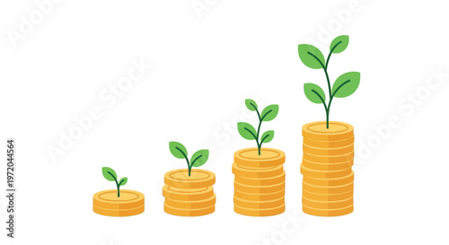 Growing investment plants sprouting from stacks of golden coins