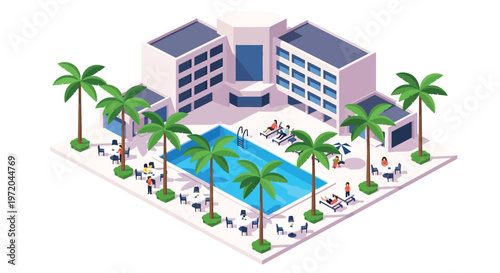 Isometric illustration of a luxury hotel resort with a swimming pool