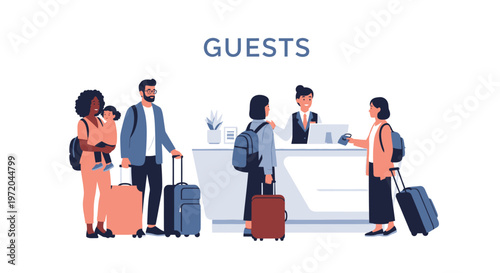 Family checking in at a hotel reception desk with luggage and staff