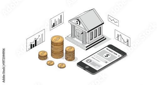 Isometric illustration depicting digital banking finance and financial transactions