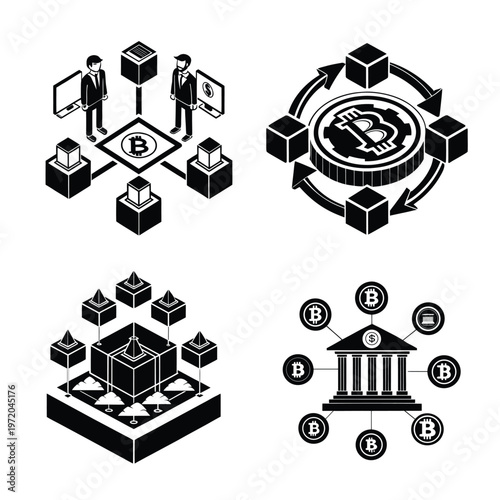 Decentralized Finance System and Bitcoin Network Illustration Set