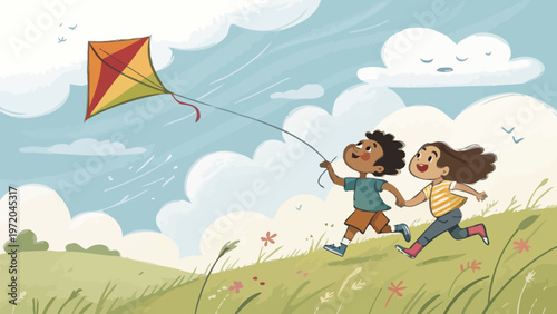 Two happy children running in a green field flying colorful kite on windy day with fluffy clouds