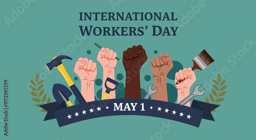 International workers day celebration hands holding tools and solidarity