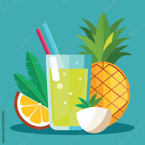 Tropical fruit smoothie in a glass with a straw