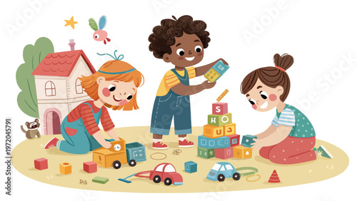 Diverse children playing pretend games with toys and blocks on a mat outdoors