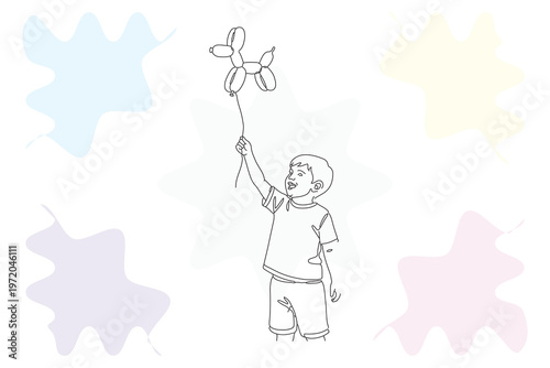 Charming continuous line illustration of a child joyfully holding a flower-shaped balloon, perfect for kid's room decor or heartwarming designs.