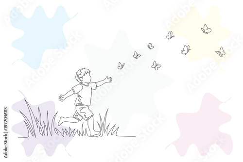 Charming continuous line illustration of a child joyfully chasing butterflies in a whimsical meadow, evoking feelings of love and carefree childhood.