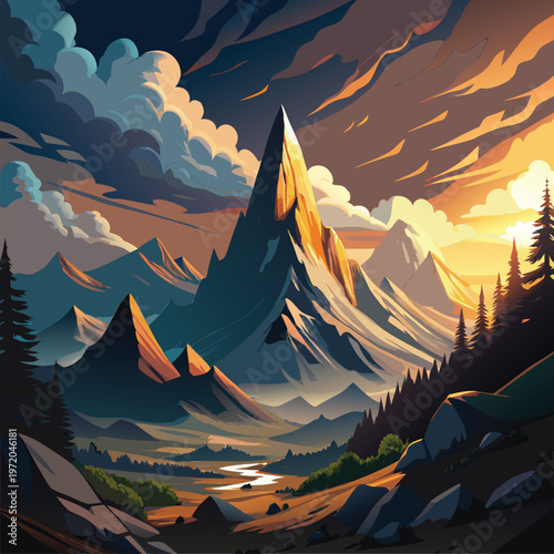 Majestic mountain range at golden hour