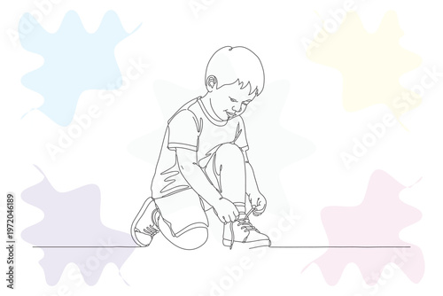 Charming continuous line illustration of a young child carefully tying their shoelaces, showcasing innocence and everyday moments in a delicate style.