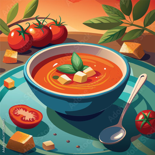 Bowl of Spanish Tomato Soup with Croutons