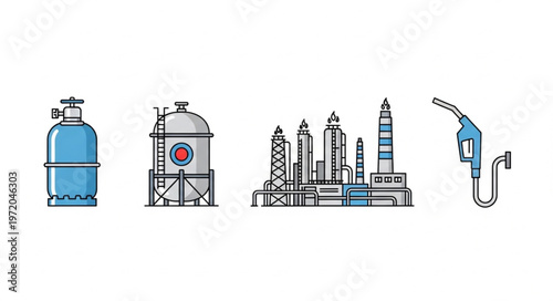 Oil and Gas Industry Icons - Tank, Refinery, and Fuel Nozzle.