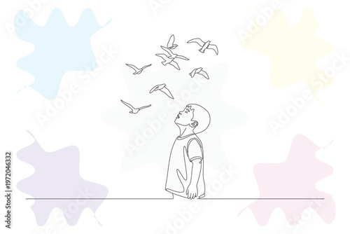 Continuous Line Drawing of a Boy Looking at Flying Birds, Hand-Drawn Illustration with Pastel Background, Concept of Childhood Dreams and Freedom