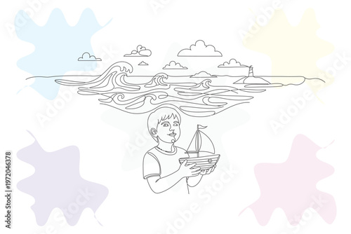 Continuous Line Drawing of a Boy with a Sailboat, Hand-Drawn Illustration of Childhood Dreams and Ocean Waves, Minimalist Style